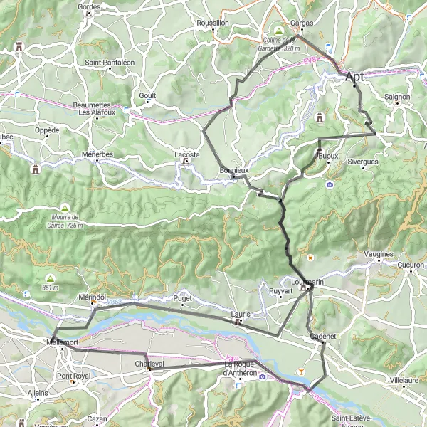 Miniatua del mapa de inspiración ciclista "Ruta en Carretera de Charleval" en Provence-Alpes-Côte d’Azur, France. Generado por Tarmacs.app planificador de rutas ciclistas
