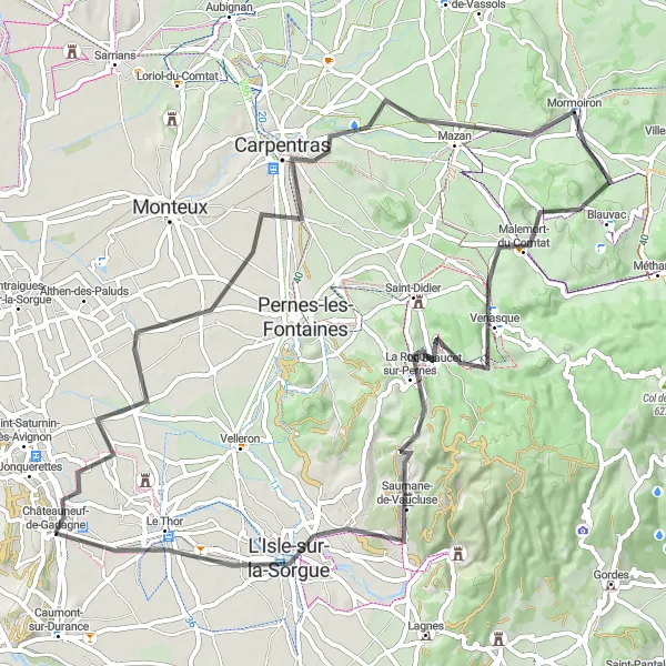 Zemljevid v pomanjšavi "Châteauneuf-de-Gadagne - Le Thor road cycling route" kolesarske inspiracije v Provence-Alpes-Côte d’Azur, France. Generirano z načrtovalcem kolesarskih poti Tarmacs.app