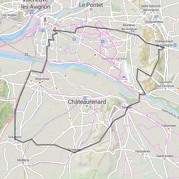 Miniatua del mapa de inspiración ciclista "Ruta de Ciclismo de 48km desde Châteauneuf-de-Gadagne" en Provence-Alpes-Côte d’Azur, France. Generado por Tarmacs.app planificador de rutas ciclistas