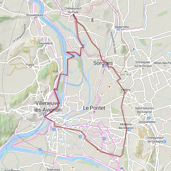 Miniaturní mapa "Gravel Trasa Vedène - Châteauneuf-du-Pape" inspirace pro cyklisty v oblasti Provence-Alpes-Côte d’Azur, France. Vytvořeno pomocí plánovače tras Tarmacs.app