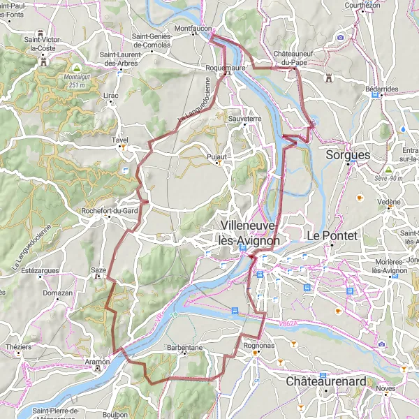 Map miniature of "Châteauneuf-du-Pape and Surroundings Gravel Adventure" cycling inspiration in Provence-Alpes-Côte d’Azur, France. Generated by Tarmacs.app cycling route planner