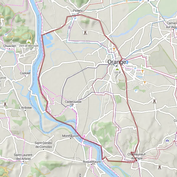 Miniatua del mapa de inspiración ciclista "Ruta de Grava Montfaucon-Châteauneuf-du-Pape" en Provence-Alpes-Côte d’Azur, France. Generado por Tarmacs.app planificador de rutas ciclistas