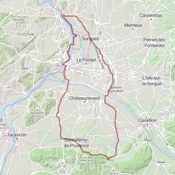 Mapa miniatúra "Gravel kolo okolo Châteauneuf-du-Pape" cyklistická inšpirácia v Provence-Alpes-Côte d’Azur, France. Vygenerované cyklistickým plánovačom trás Tarmacs.app