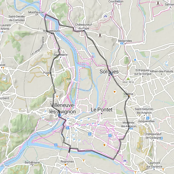 Miniaturní mapa "Silniční Trasa Vedène - Châteauneuf-du-Pape" inspirace pro cyklisty v oblasti Provence-Alpes-Côte d’Azur, France. Vytvořeno pomocí plánovače tras Tarmacs.app