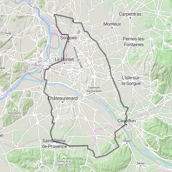 Miniaturní mapa "Silniční Trasa Althen-des-Paluds - Châteauneuf-du-Pape" inspirace pro cyklisty v oblasti Provence-Alpes-Côte d’Azur, France. Vytvořeno pomocí plánovače tras Tarmacs.app