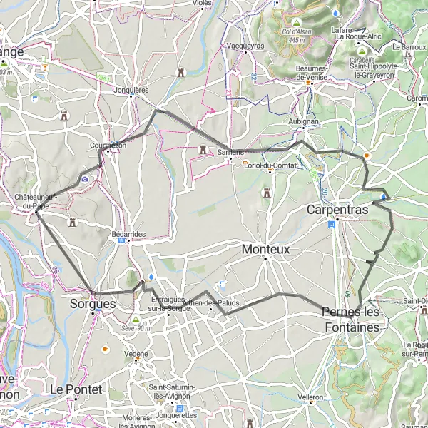 Mapa miniatúra "Trasa k Čateauneuf-du-Pape cez Courthézon a Pernes-les-Fontaines" cyklistická inšpirácia v Provence-Alpes-Côte d’Azur, France. Vygenerované cyklistickým plánovačom trás Tarmacs.app