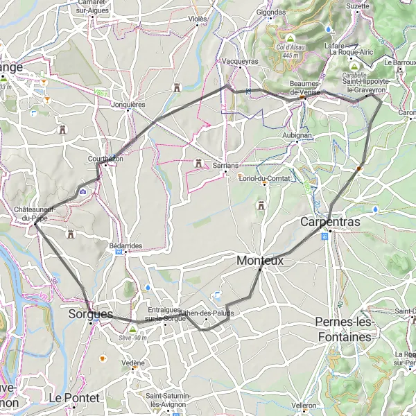 Miniatura mapy "Trasa wzdłuż winnic i wsi wokół Châteauneuf-du-Pape" - trasy rowerowej w Provence-Alpes-Côte d’Azur, France. Wygenerowane przez planer tras rowerowych Tarmacs.app