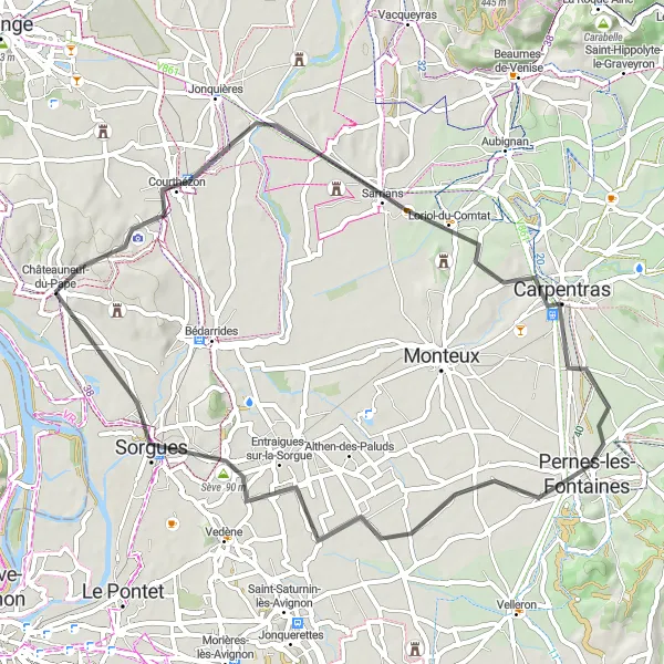 Miniatua del mapa de inspiración ciclista "Excursión a Châteauneuf-du-Pape desde Courthézon" en Provence-Alpes-Côte d’Azur, France. Generado por Tarmacs.app planificador de rutas ciclistas