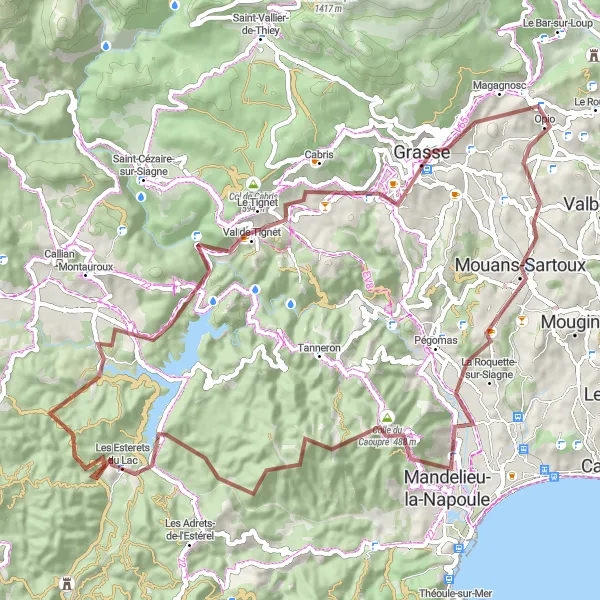 Zemljevid v pomanjšavi "Châteauneuf-Grasse - Grasse Gravel Cycling Route" kolesarske inspiracije v Provence-Alpes-Côte d’Azur, France. Generirano z načrtovalcem kolesarskih poti Tarmacs.app