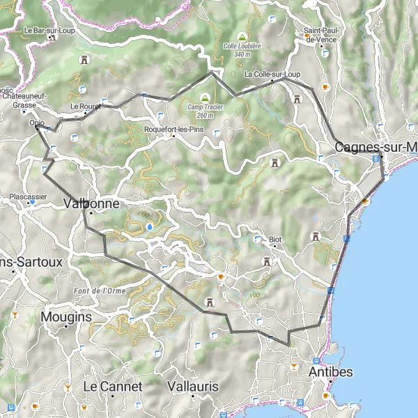 Zemljevid v pomanjšavi "Châteauneuf-Grasse - Opio Road Cycling Route" kolesarske inspiracije v Provence-Alpes-Côte d’Azur, France. Generirano z načrtovalcem kolesarskih poti Tarmacs.app