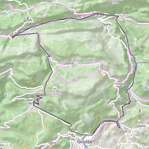 Karttaminiaatyyri "Grassen vuoristoreitti Col du Pilonille ja takaisin" pyöräilyinspiraatiosta alueella Provence-Alpes-Côte d’Azur, France. Luotu Tarmacs.app pyöräilyreittisuunnittelijalla