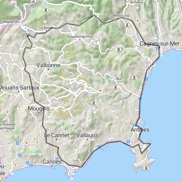 Mapa miniatúra "Cyklotúra od Châteauneuf-Grasse do Opio" cyklistická inšpirácia v Provence-Alpes-Côte d’Azur, France. Vygenerované cyklistickým plánovačom trás Tarmacs.app
