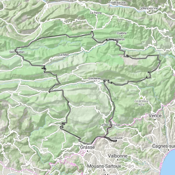 Miniaturní mapa "Grasse a okolí" inspirace pro cyklisty v oblasti Provence-Alpes-Côte d’Azur, France. Vytvořeno pomocí plánovače tras Tarmacs.app