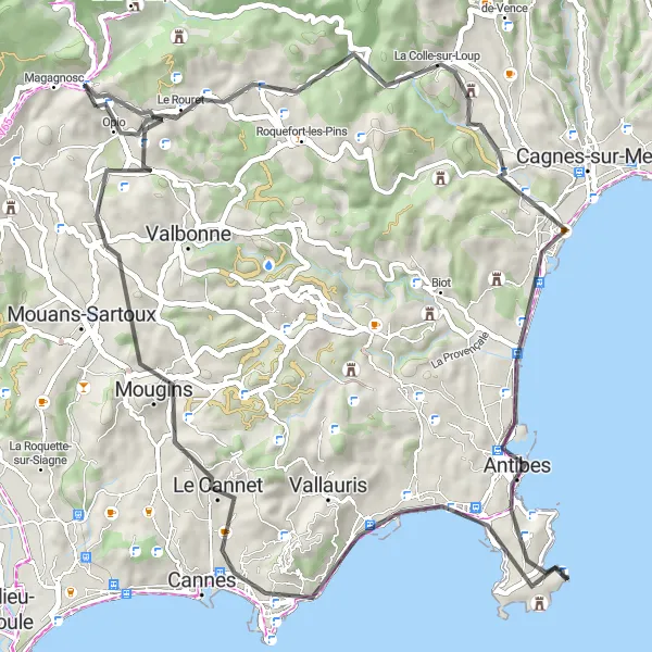 Map miniature of "Exploring Coastal Delights: Antibes to Opio" cycling inspiration in Provence-Alpes-Côte d’Azur, France. Generated by Tarmacs.app cycling route planner