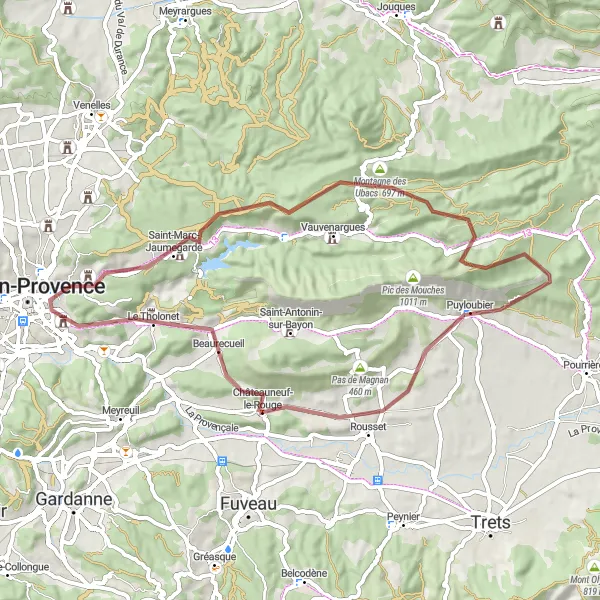 Miniaturní mapa "Gravel Kolem Puyloubieru" inspirace pro cyklisty v oblasti Provence-Alpes-Côte d’Azur, France. Vytvořeno pomocí plánovače tras Tarmacs.app