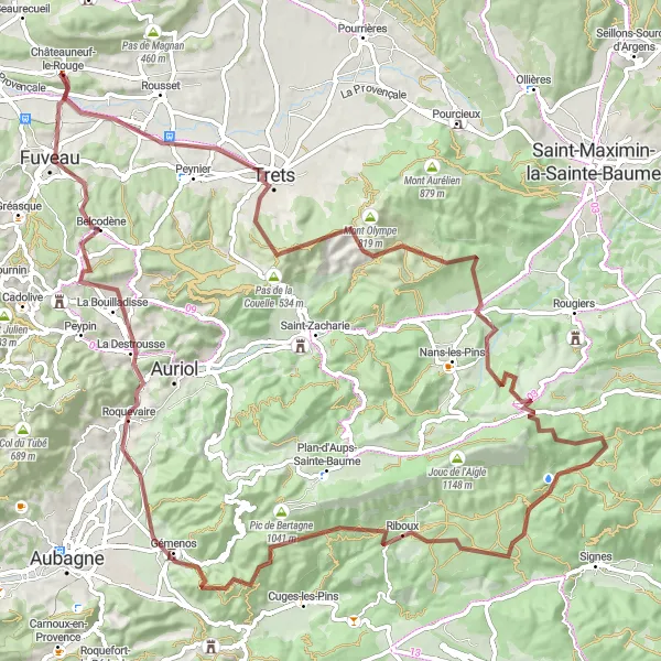 Mapa miniatúra "Gravel Túra cez Mont Cruvelier" cyklistická inšpirácia v Provence-Alpes-Côte d’Azur, France. Vygenerované cyklistickým plánovačom trás Tarmacs.app