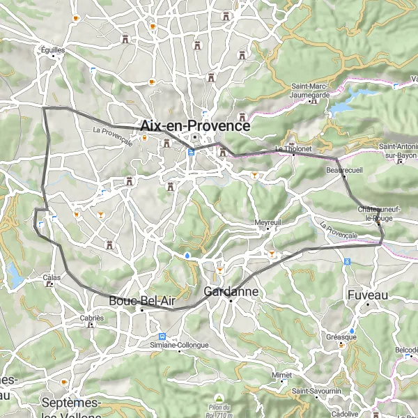 Mapa miniatúra "Cesta okolo Aix-en-Provence" cyklistická inšpirácia v Provence-Alpes-Côte d’Azur, France. Vygenerované cyklistickým plánovačom trás Tarmacs.app