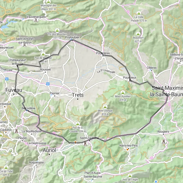 Kartminiatyr av "Pourrières til Châteauneuf-le-Rouge Rundtur" sykkelinspirasjon i Provence-Alpes-Côte d’Azur, France. Generert av Tarmacs.app sykkelrutoplanlegger