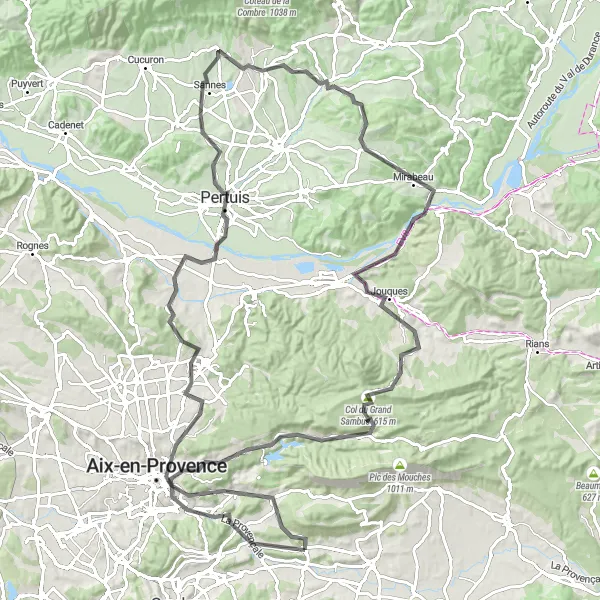 Miniaturní mapa "Výzva kolem Aix-en-Provence" inspirace pro cyklisty v oblasti Provence-Alpes-Côte d’Azur, France. Vytvořeno pomocí plánovače tras Tarmacs.app