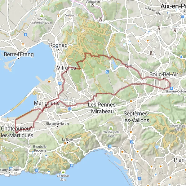 Karttaminiaatyyri "Gravel Reitti Châteauneuf-les-Martigues" pyöräilyinspiraatiosta alueella Provence-Alpes-Côte d’Azur, France. Luotu Tarmacs.app pyöräilyreittisuunnittelijalla