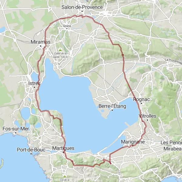 Map miniature of "Scenic Gravel Route near Châteauneuf-les-Martigues" cycling inspiration in Provence-Alpes-Côte d’Azur, France. Generated by Tarmacs.app cycling route planner