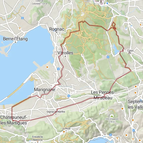Kartminiatyr av "Vitrolles til Les Pennes-Mirabeau Grusvei Rundtur" sykkelinspirasjon i Provence-Alpes-Côte d’Azur, France. Generert av Tarmacs.app sykkelrutoplanlegger