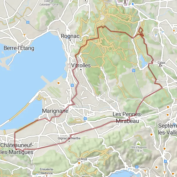 Karttaminiaatyyri "Marignane - Vitrolles - Château de Trébillane Gravel Ride" pyöräilyinspiraatiosta alueella Provence-Alpes-Côte d’Azur, France. Luotu Tarmacs.app pyöräilyreittisuunnittelijalla