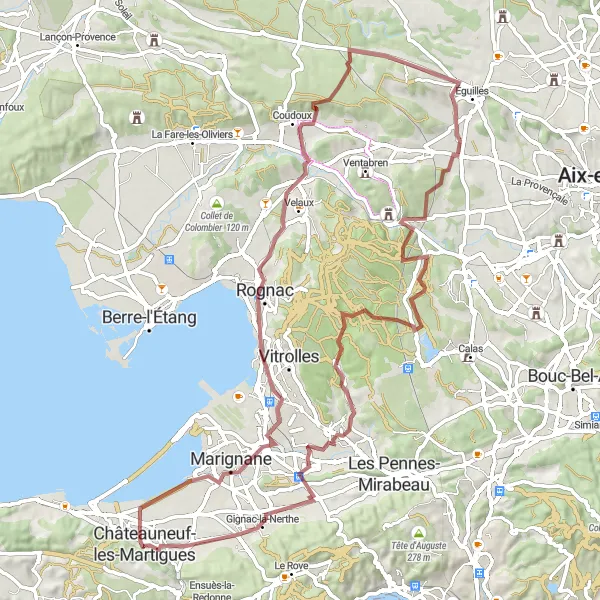 Zemljevid v pomanjšavi "Gravel Potovanje od Châteauneuf-les-Martigues" kolesarske inspiracije v Provence-Alpes-Côte d’Azur, France. Generirano z načrtovalcem kolesarskih poti Tarmacs.app
