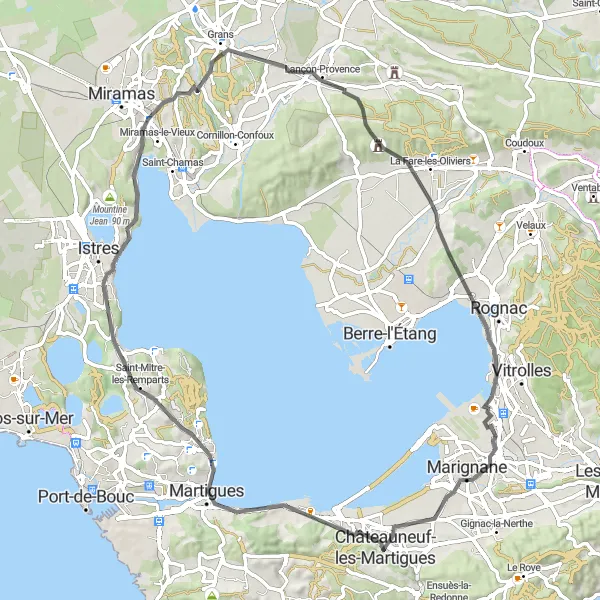 Karttaminiaatyyri "Martigues - La Vigie - Lançon-Provence Loop" pyöräilyinspiraatiosta alueella Provence-Alpes-Côte d’Azur, France. Luotu Tarmacs.app pyöräilyreittisuunnittelijalla