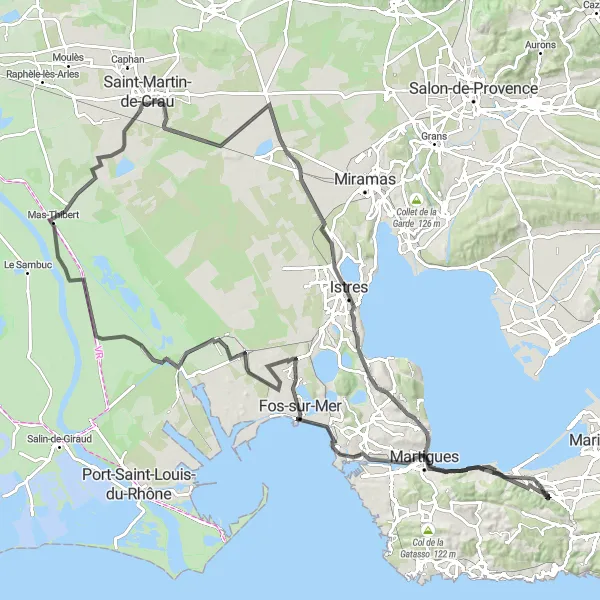 Miniatua del mapa de inspiración ciclista "Explora Martigues y Mas-Thibert" en Provence-Alpes-Côte d’Azur, France. Generado por Tarmacs.app planificador de rutas ciclistas