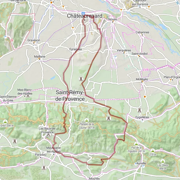 Map miniature of "Exploring Romanin and Eyragues" cycling inspiration in Provence-Alpes-Côte d’Azur, France. Generated by Tarmacs.app cycling route planner