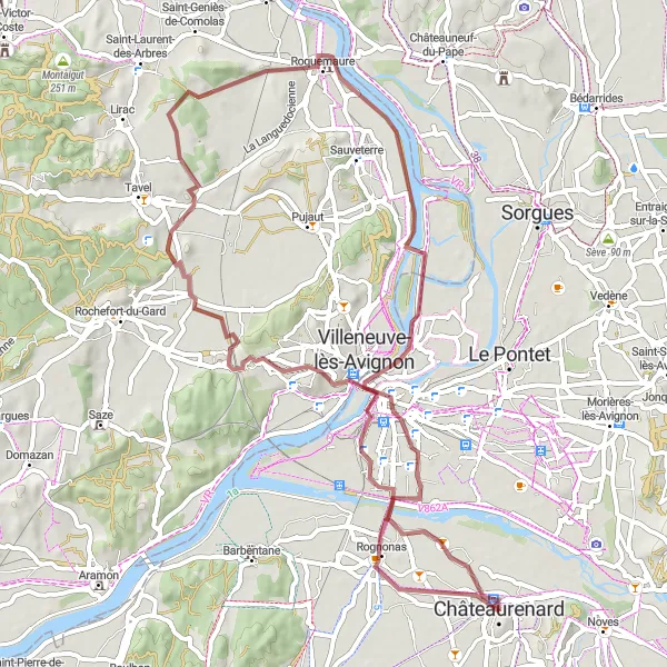 Miniatua del mapa de inspiración ciclista "Ruta de Grava por Avignon y Châteaurenard" en Provence-Alpes-Côte d’Azur, France. Generado por Tarmacs.app planificador de rutas ciclistas