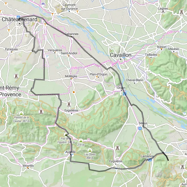 Miniaturní mapa "Zajímavý okruh kolem Eyguières" inspirace pro cyklisty v oblasti Provence-Alpes-Côte d’Azur, France. Vytvořeno pomocí plánovače tras Tarmacs.app