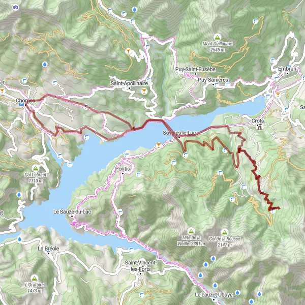 Mapa miniatúra "Gravel trasa cez hory a jezera" cyklistická inšpirácia v Provence-Alpes-Côte d’Azur, France. Vygenerované cyklistickým plánovačom trás Tarmacs.app