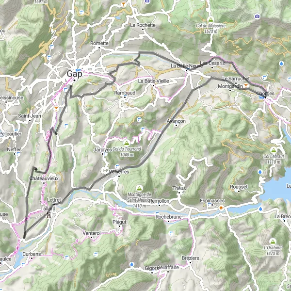 Map miniature of "Chorges to Montgardin Road Loop" cycling inspiration in Provence-Alpes-Côte d’Azur, France. Generated by Tarmacs.app cycling route planner