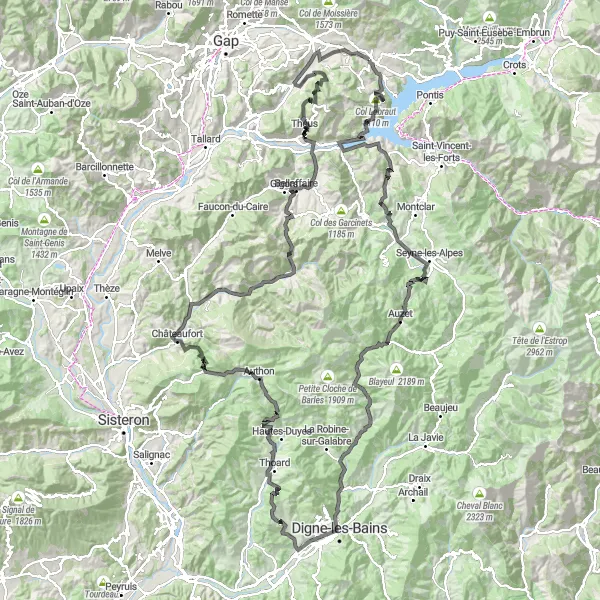 Miniatura mapy "Wycieczka szosowa z Chorges przez Clue de Barles" - trasy rowerowej w Provence-Alpes-Côte d’Azur, France. Wygenerowane przez planer tras rowerowych Tarmacs.app