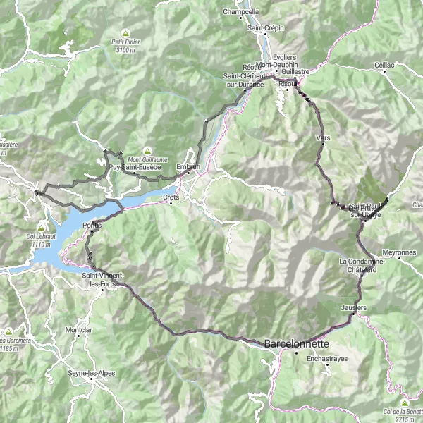 Kartminiatyr av "Äventyrsfylld cykeltur runt Chorges" cykelinspiration i Provence-Alpes-Côte d’Azur, France. Genererad av Tarmacs.app cykelruttplanerare