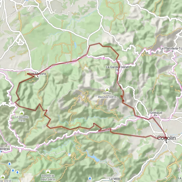 Miniature de la carte de l'inspiration cycliste "Parcours unique dans la campagne provençale" dans la Provence-Alpes-Côte d’Azur, France. Générée par le planificateur d'itinéraire cycliste Tarmacs.app