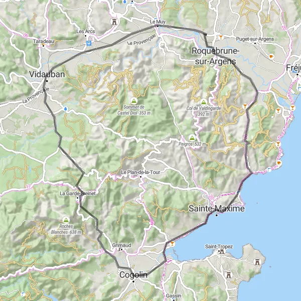 Map miniature of "Cogolin Loop" cycling inspiration in Provence-Alpes-Côte d’Azur, France. Generated by Tarmacs.app cycling route planner