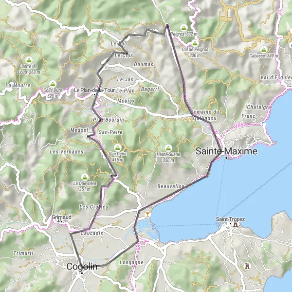 Miniaturekort af cykelinspirationen "San Peïre og Col du Gratteloup tur" i Provence-Alpes-Côte d’Azur, France. Genereret af Tarmacs.app cykelruteplanlægger