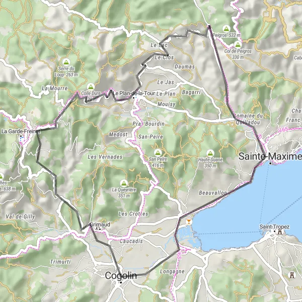 Miniatua del mapa de inspiración ciclista "Ruta panorámica de Grimaud a Sainte-Maxime" en Provence-Alpes-Côte d’Azur, France. Generado por Tarmacs.app planificador de rutas ciclistas