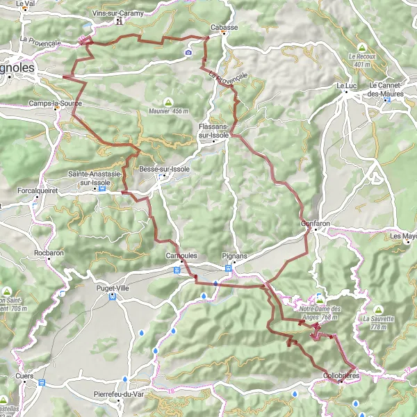 Zemljevid v pomanjšavi "Potovanje po zaselkih severno od Collobrièresa" kolesarske inspiracije v Provence-Alpes-Côte d’Azur, France. Generirano z načrtovalcem kolesarskih poti Tarmacs.app