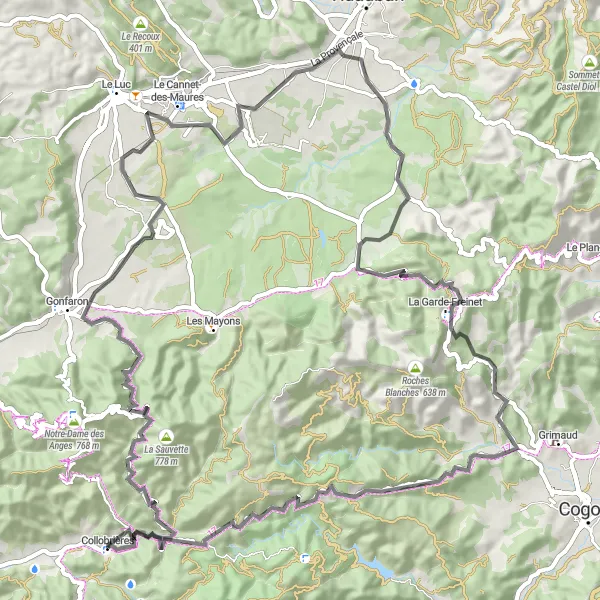 Mapa miniatúra "Výlet po okolí Collobrières" cyklistická inšpirácia v Provence-Alpes-Côte d’Azur, France. Vygenerované cyklistickým plánovačom trás Tarmacs.app