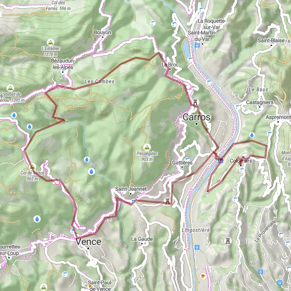 Zemljevid v pomanjšavi "Gravel Poti okoli Colomars" kolesarske inspiracije v Provence-Alpes-Côte d’Azur, France. Generirano z načrtovalcem kolesarskih poti Tarmacs.app