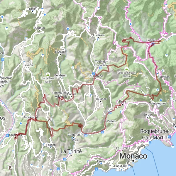 Zemljevid v pomanjšavi "Gravel Poti okoli Colomars" kolesarske inspiracije v Provence-Alpes-Côte d’Azur, France. Generirano z načrtovalcem kolesarskih poti Tarmacs.app