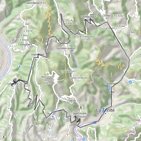 Miniature de la carte de l'inspiration cycliste "Itinéraire Route Pueï de la Madone-Falicon" dans la Provence-Alpes-Côte d’Azur, France. Générée par le planificateur d'itinéraire cycliste Tarmacs.app