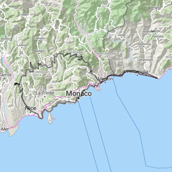 Miniatuurkaart van de fietsinspiratie "Panoramische rit door de bergen van de Provence-Alpes-Côte d'Azur" in Provence-Alpes-Côte d’Azur, France. Gemaakt door de Tarmacs.app fietsrouteplanner