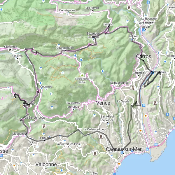 Kartminiatyr av "Landeveiseventyr i området rundt Colomars" sykkelinspirasjon i Provence-Alpes-Côte d’Azur, France. Generert av Tarmacs.app sykkelrutoplanlegger