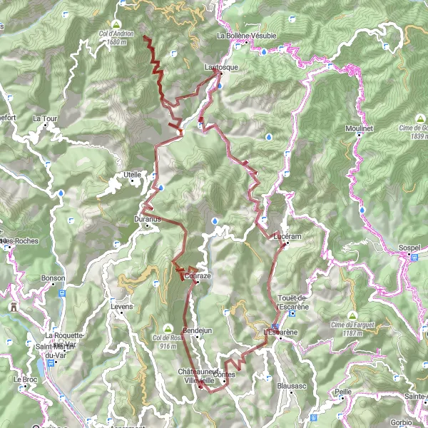Miniatuurkaart van de fietsinspiratie "Grindpaden van Contes naar Provence-Alpes-Côte d'Azur" in Provence-Alpes-Côte d’Azur, France. Gemaakt door de Tarmacs.app fietsrouteplanner