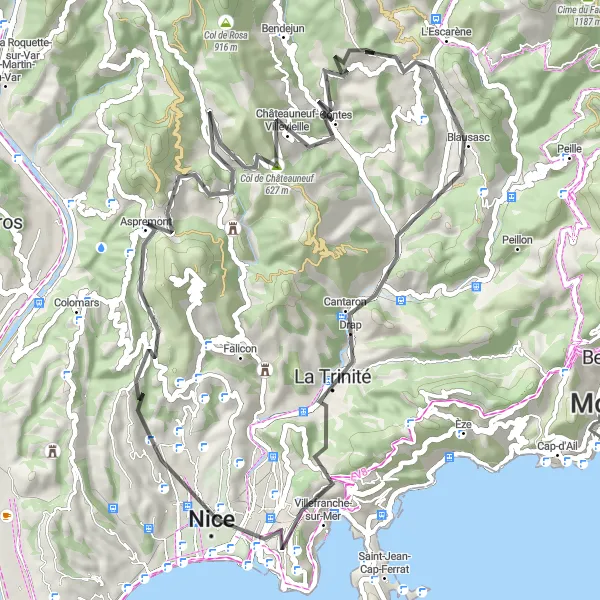 Map miniature of "Côte d'Azur Loop" cycling inspiration in Provence-Alpes-Côte d’Azur, France. Generated by Tarmacs.app cycling route planner